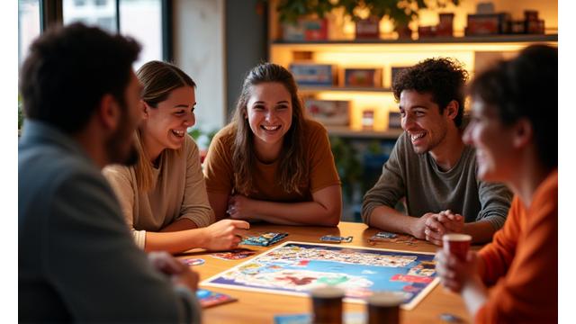 Gruppe lachender Leute spielt ein Brettspiel an einem Tisch