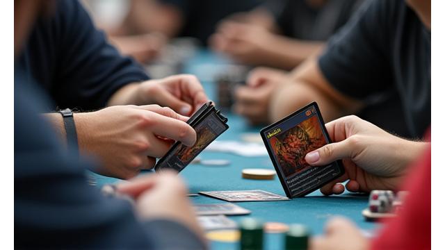 Spieler tauschen Karten bei einem Magic: The Gathering-Turnier