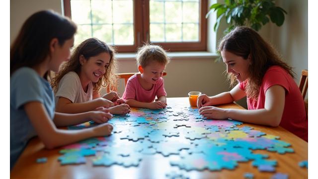 Eine Familie arbeitet gemeinsam an einem großen Puzzle