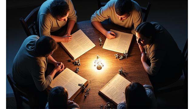 Spieler um einen Tisch mit Würfeln, Miniaturen und Rollenspielbüchern
