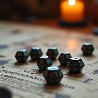 Bild für Rollenspiele Kategorie: Würfel und Notizbücher auf einem Tisch, bereit für ein Rollenspiel