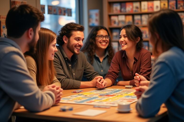 Freundliche Menschen spielen Brettspiele in einem gemütlichen Geschäft